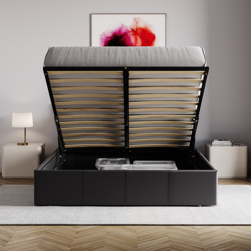 image 1 of Vida Designs Lisbon 5ft King Size Ottoman Bed Storage Faux Leather, Black, 150 x 200cm