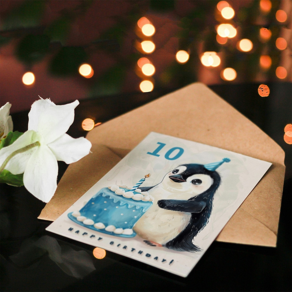 image 1 of 10th Cute Baby Penguin Cake Cartoon Kids Age 10 Year Old Child Birthday Card
