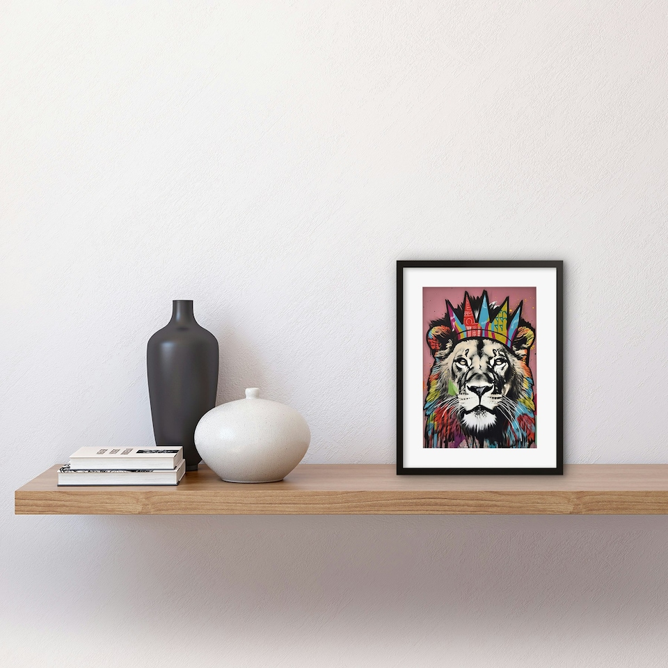image 1 of Lion Crown King of Jungle Modern Pop 9x7" Black Framed Wall Art Print