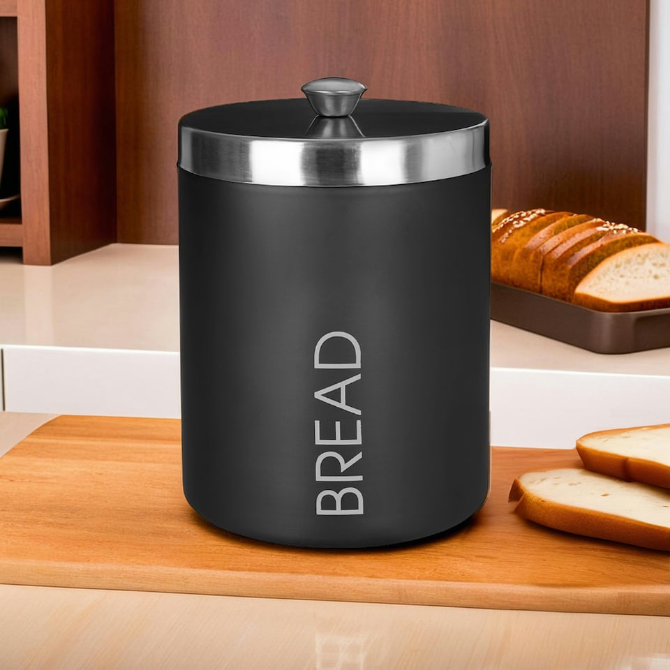 image 1 of Interiors by Premier Black Enamel Bread Bin, Stylish Metal Storage Bin With Glossy Enamel Finish And Lid, Keeps Bread Fresh Black