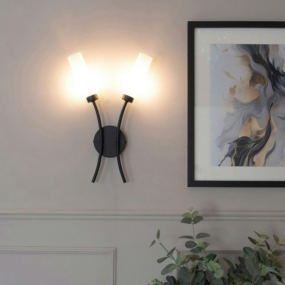 image 1 of ValueLights Maya Matt Black 2 Way Curved Upright Reed Shaded Wall Light