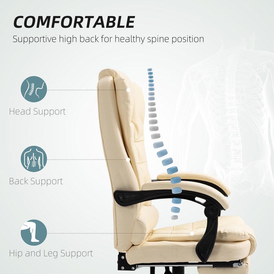 image 1 of HOMCOM Executive Office Chair, Home Office Chair with Swivel Wheels, Reclining Backrest, Retractable Footrest, Cream White
