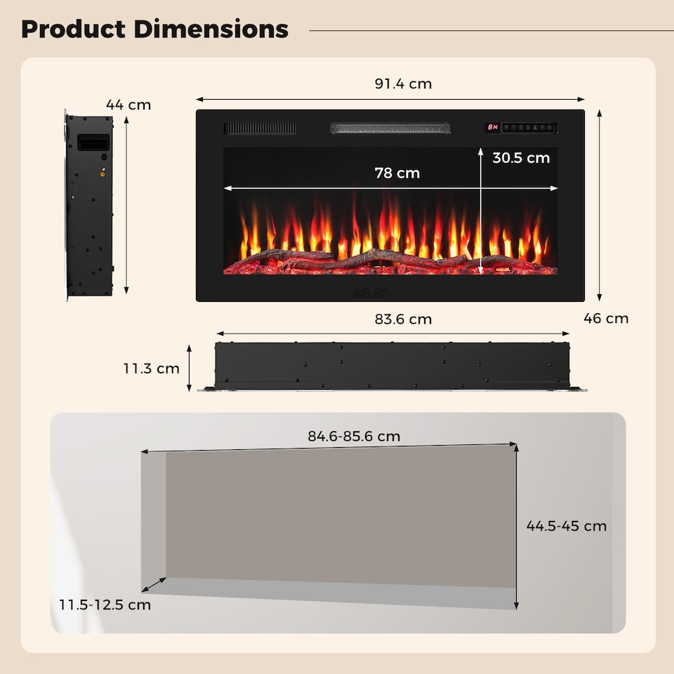 image 1 of COSTWAY 36” Electric Fireplace Recessed and Wall Mounted with Sleep Mode