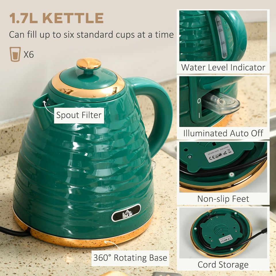 image 1 of HOMCOM Kettle and Toaster Set 1.7L Rapid Boil Kettle & 4 Slice Toaster Green