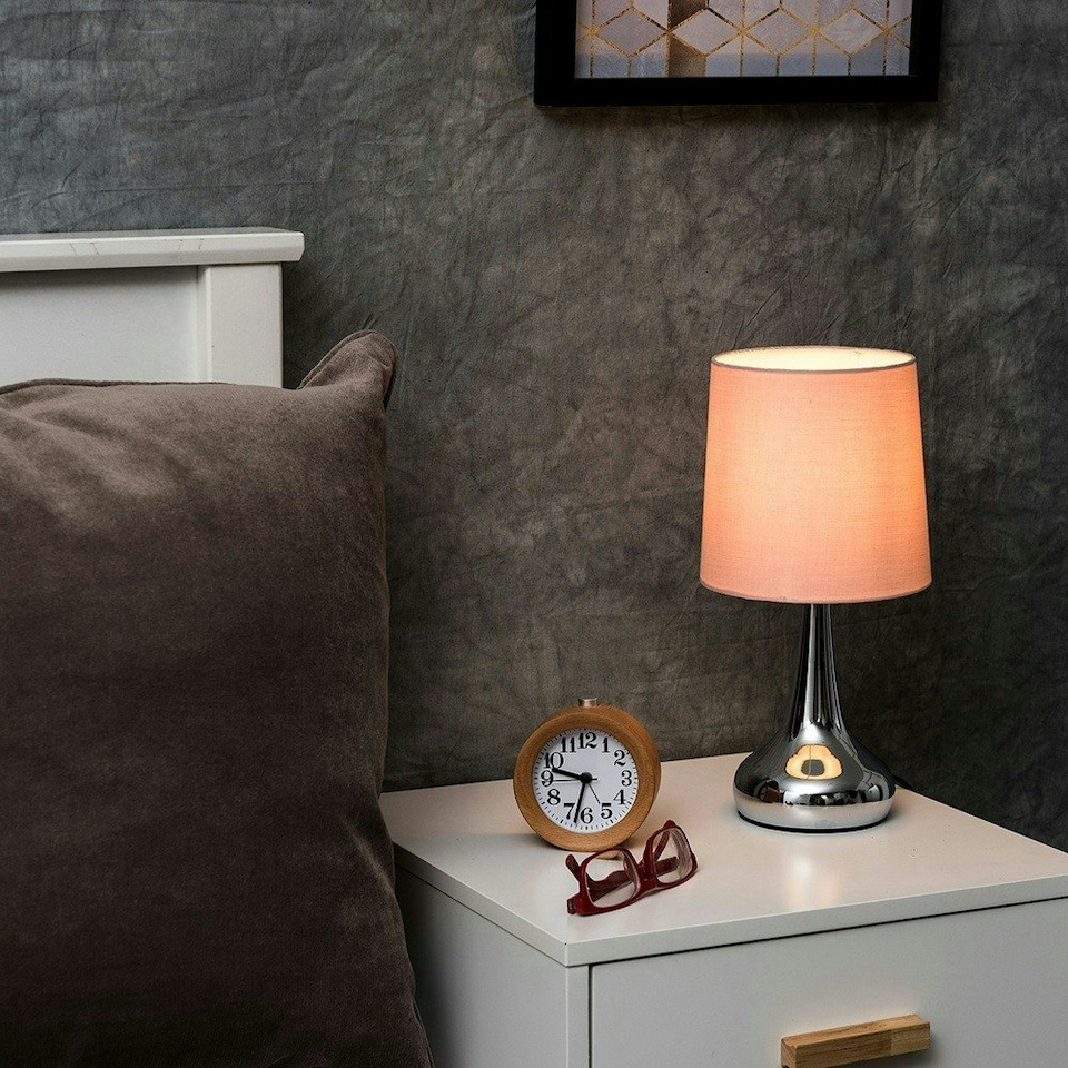 image 1 of ValueLights Teardrop Pair Chrome Touch Table Lamp Pink Shade & Bulb Pink