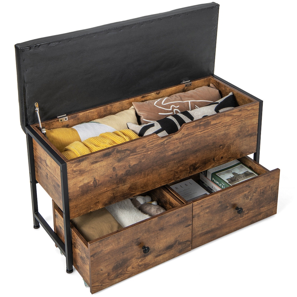 image 1 of COSTWAY Storage Ottoman Bench Flip Top Storage Chest with 2 Drawers Wooden Storage Bench
