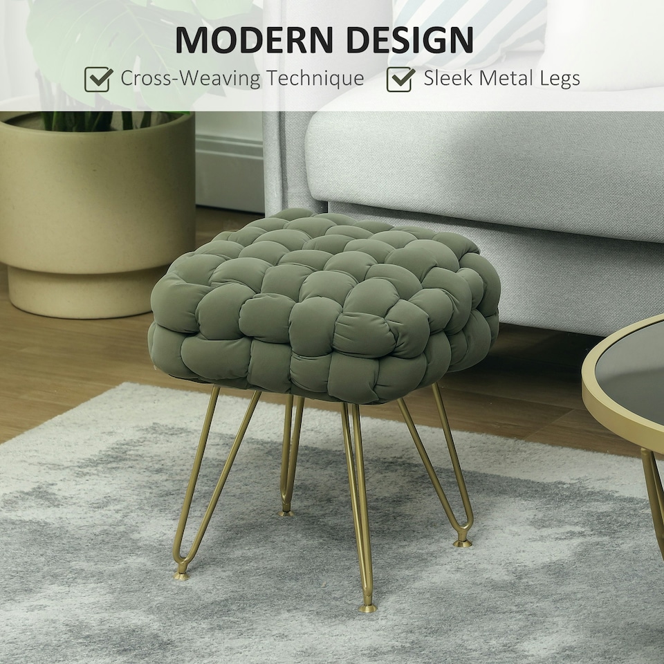 image 1 of HOMCOM Woven Velvet Foot Stool with Steel Legs for Living Room, Dark Green Green