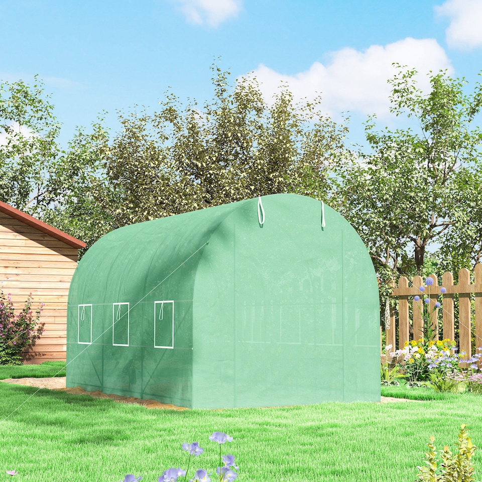image 1 of Outsunny 3.5 x 2m Walk-In Polytunnel Greenhouse with Roll Up Door Windows Green
