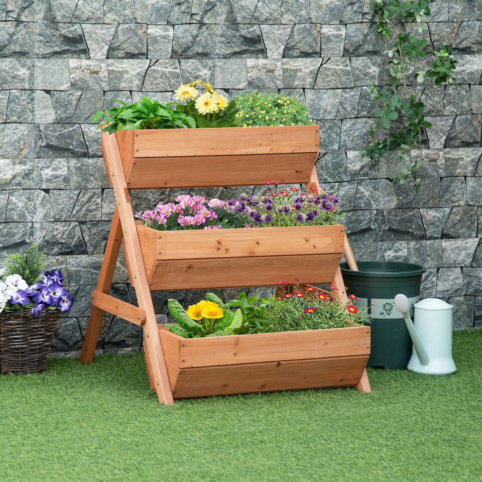 image 1 of Outsunny 3 Tier 66L Raised Garden Bed Wooden Elevated Planter Box Kit for Flower, Vegetable, Herb, 65 x 75 x 76cm, Green