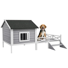 PawHut Wooden Dog House w/ Porch, Water-resistant Roof, for S M Dogs, Grey 