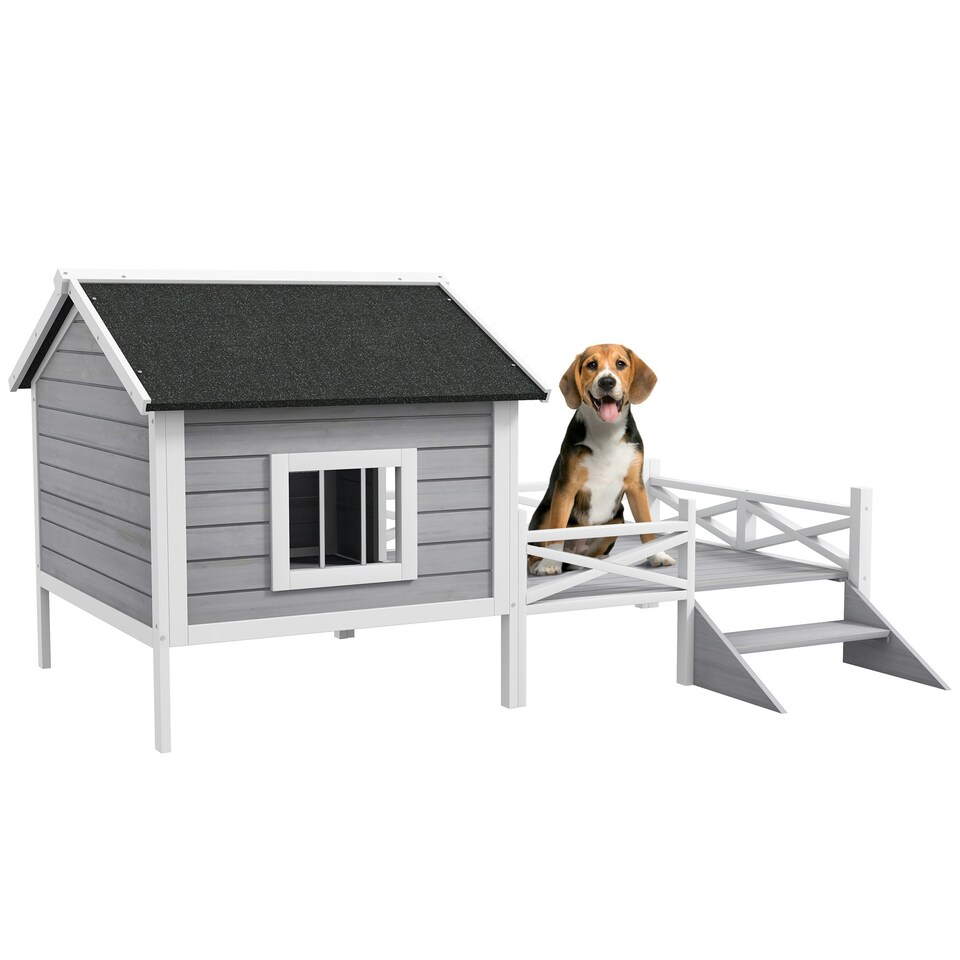 image 1 of PawHut Wooden Dog House w/ Porch, Water-resistant Roof, for S M Dogs, Grey 
