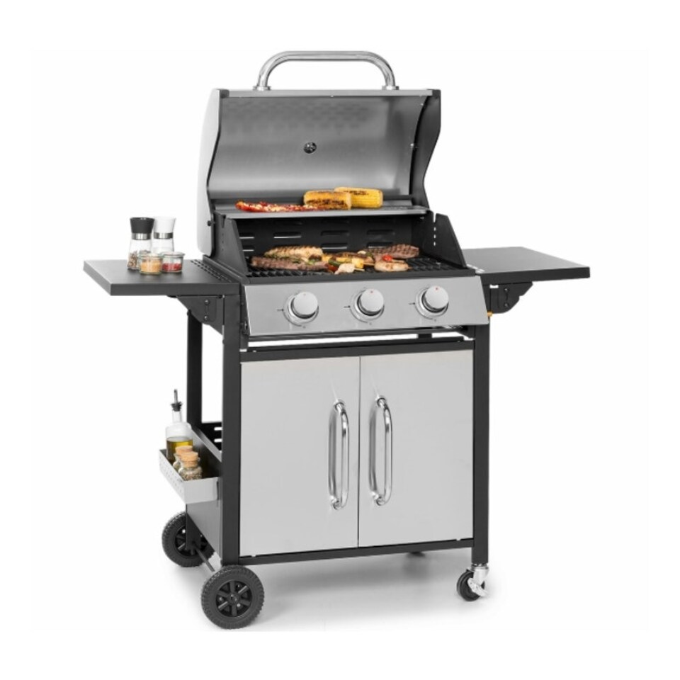 image 1 of Premium 3 Burner Gas BBQ with Folding Shelves, Built-in Thermometer & Gas Bottle Storage