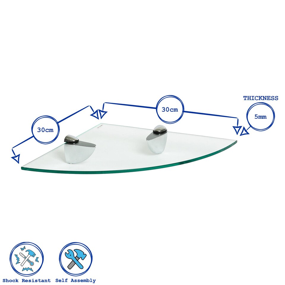 image 1 of Harbour Housewares 6x Floating Glass Corner Shelves - 30cm - Silver Brackets - Bathroom Shower Storage Vanity Display Unit Shelf | Silver | Clear/Chrome | 30 x 30 x 0.5 CM | 6