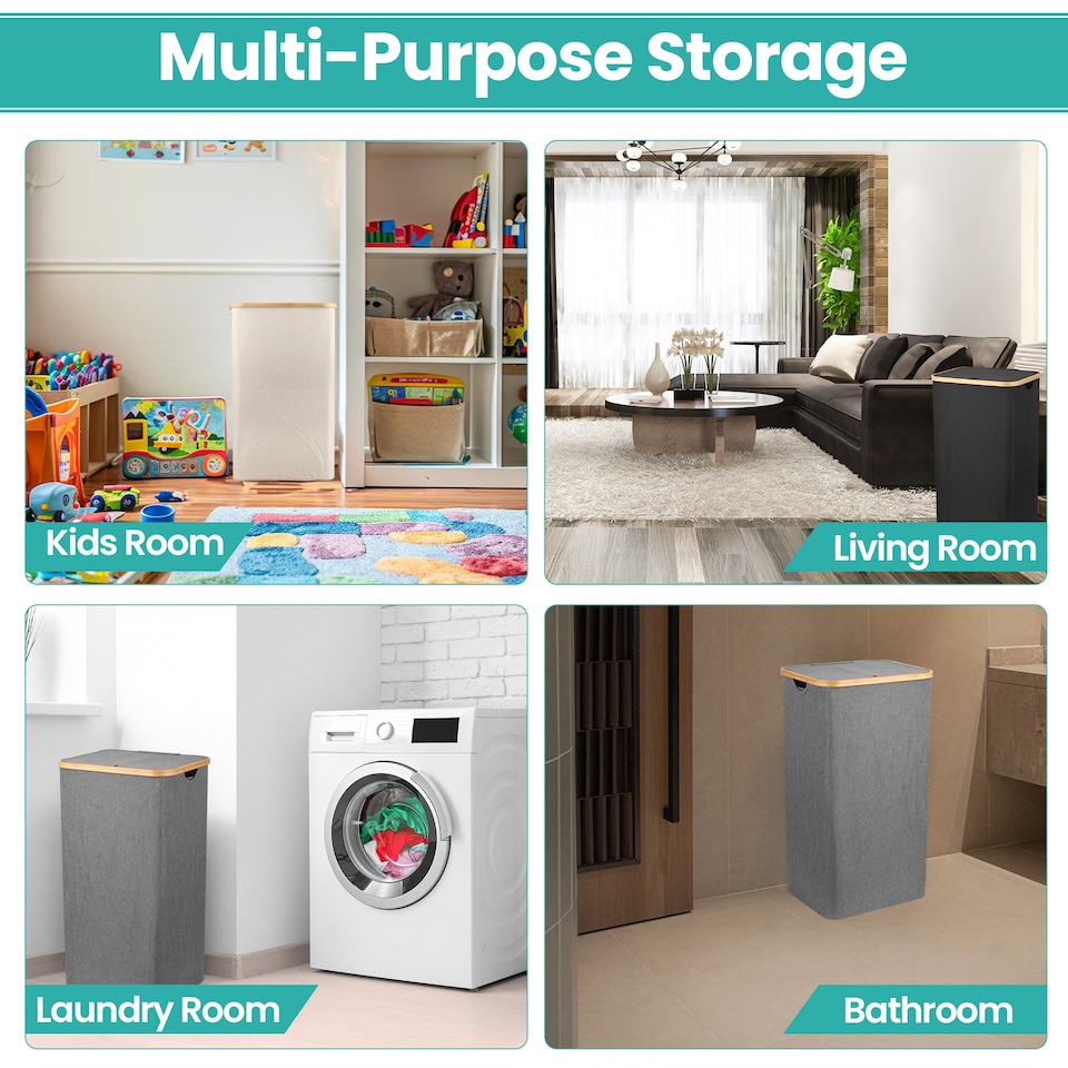 image 1 of 100L Foldable Laundry Hamper with Lid, Collapsible Clothes Basket