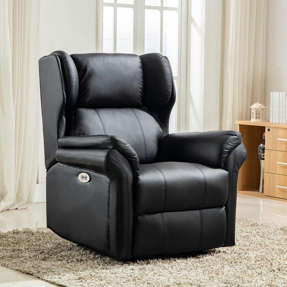 image 1 of Electric Recliner Chair Wingback Design & USB Port In Bonded Leather (Black)