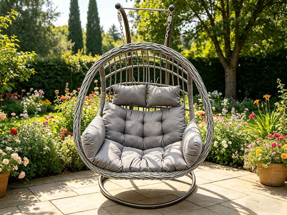 image 1 of Fimous Rattan Hammock Garden Two Seater Hanging Egg Chair Indoor Outdoor Patio Furniture with Grey Cushion