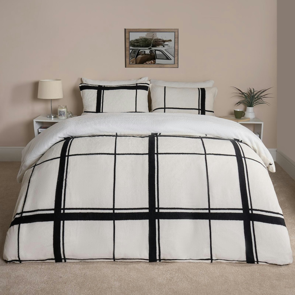 image 1 of OHS Oakley Grid Check Soft Teddy Fleece Duvet Cover and Pillowcase Bedding Set, Single - Natural/Black