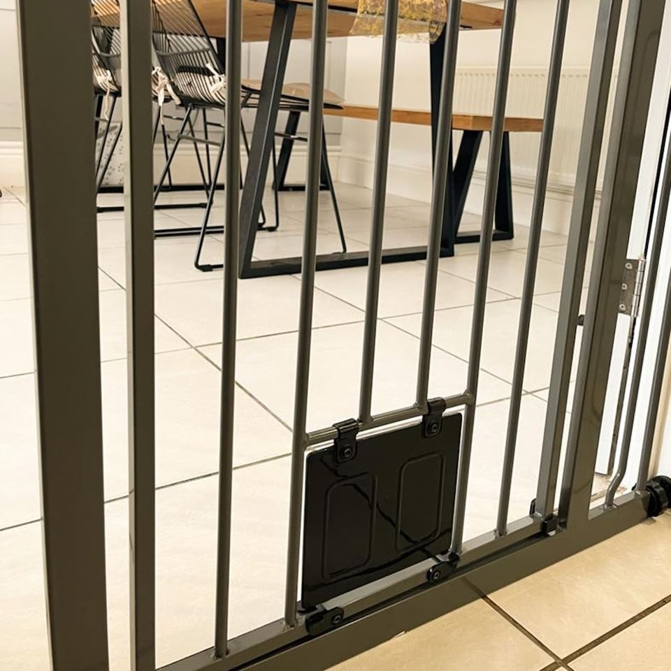 image 1 of Bettacare Pet Gate with Lockable Cat Flap, 126.7cm - 134.3cm, Slate Grey, 104cm in Height | Grey