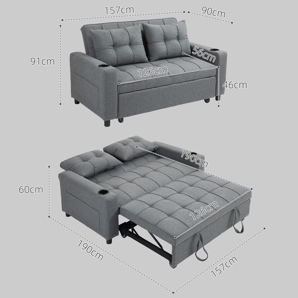 image 1 of HOMCOM 2 Seater Sofa Bed, Linen Click Clack Sleeper Sofa with Pull Out Design, 2 Pillows, Cup Holders, Side Pockets, Convertible Loveseat Bed Settee for Living Room, 157x190cm, Charcoal Grey | Grey