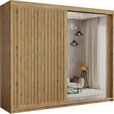 Modern Vertical Panelled Sliding Wardrobe 150cm | White/Black/Grey/Oak 2-Door Bedroom Storage Brown | (Oak Strip) 150cm