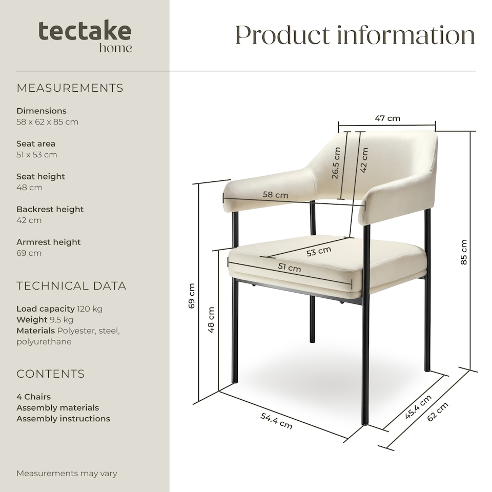 image 1 of Armchair Doe - durable fabric, black powder-coated legs, 120 kg load, 58 x 62 x 85 cm | White | velvet look off-white | 4