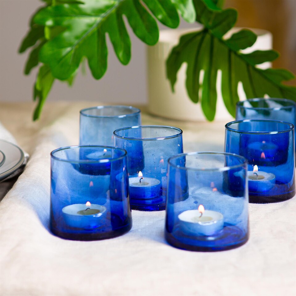 image 1 of Nicola Spring Merzouga Recycled Glass Tealight Holders - 7cm - Blue - Pack of 3 | Blue | Blue