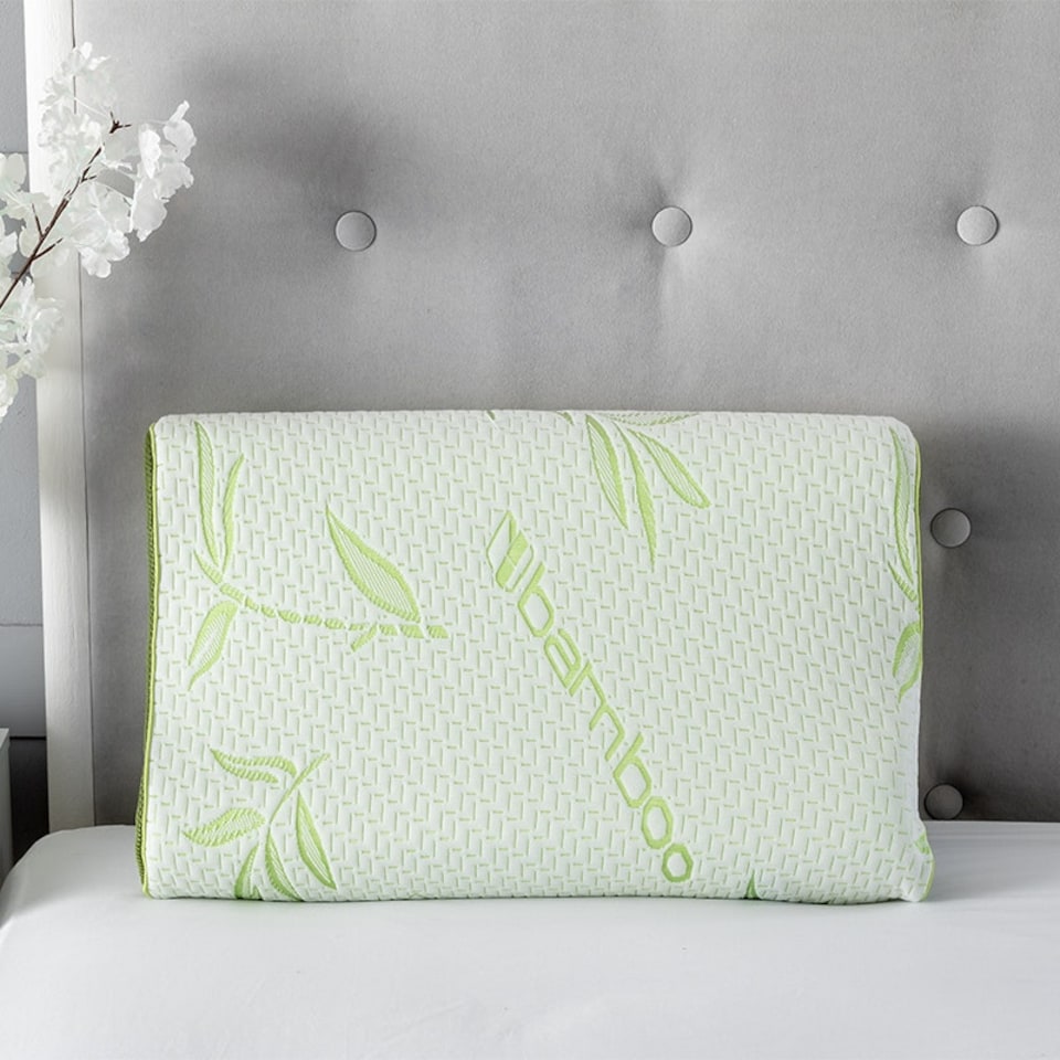 image 1 of Small Bamboo Memory Foam Contour Neck Support Organic Orthopaedic Pillow Green