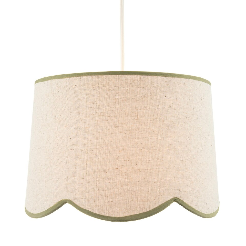 image 1 of Natural Oatmeal Textured Linen Scallop Lamp Shade with Olive Trims Green