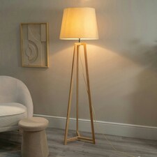 ValueLights Lottie Natural Wood Tripod Floor Lamp with Beige Fabric Tapered Shade and LED Bulb