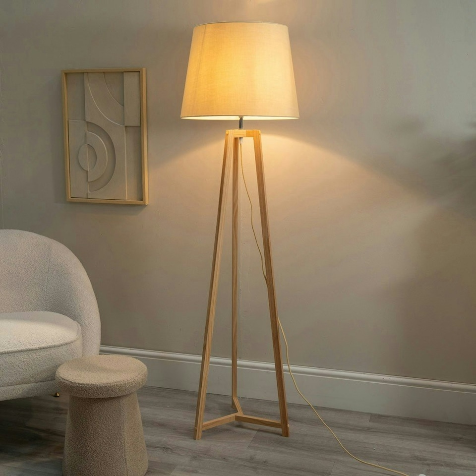 image 1 of ValueLights Lottie Natural Wood Tripod Floor Lamp with Beige Fabric Tapered Shade and LED Bulb