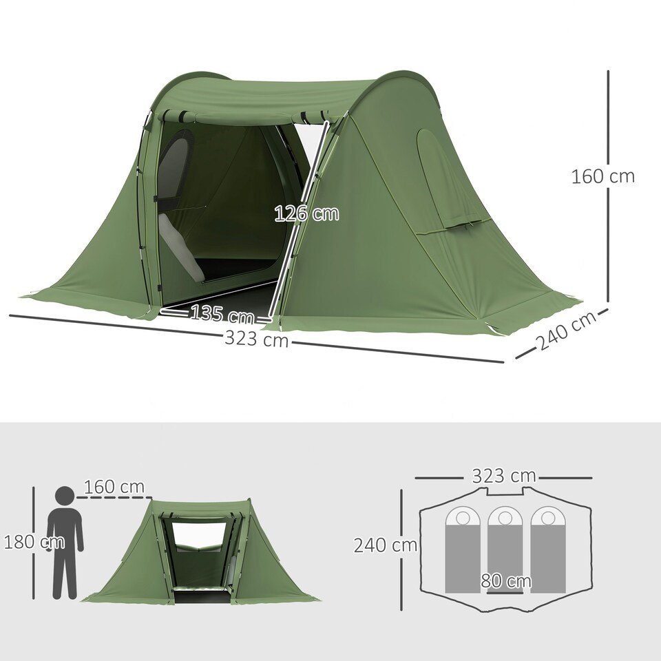 image 1 of Outsunny 3 Man Camping Tent with 2 Bedrooms, 3000mm Waterproof, Grey Green | Green
