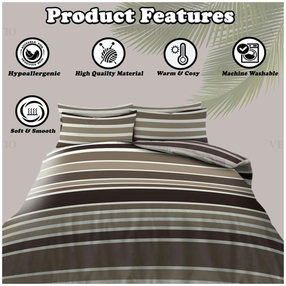 image 1 of VELVETIO Burford Stripe Complete Duvet Cover Set with Fitted Sheet Breathable Bedding Quilt Brown | Natural | King