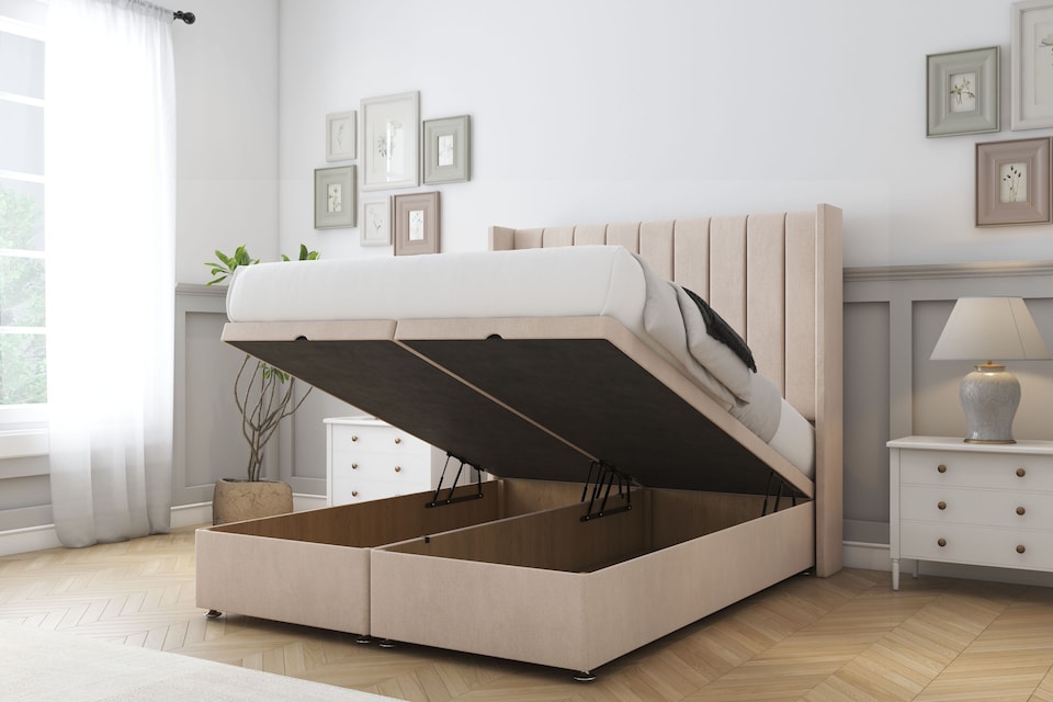image 1 of Sloomy Falcon Sand Naples Ottoman Bed Base With 54" Wingback Headboard 6' Super King | Cream | Sand | Super King | 1