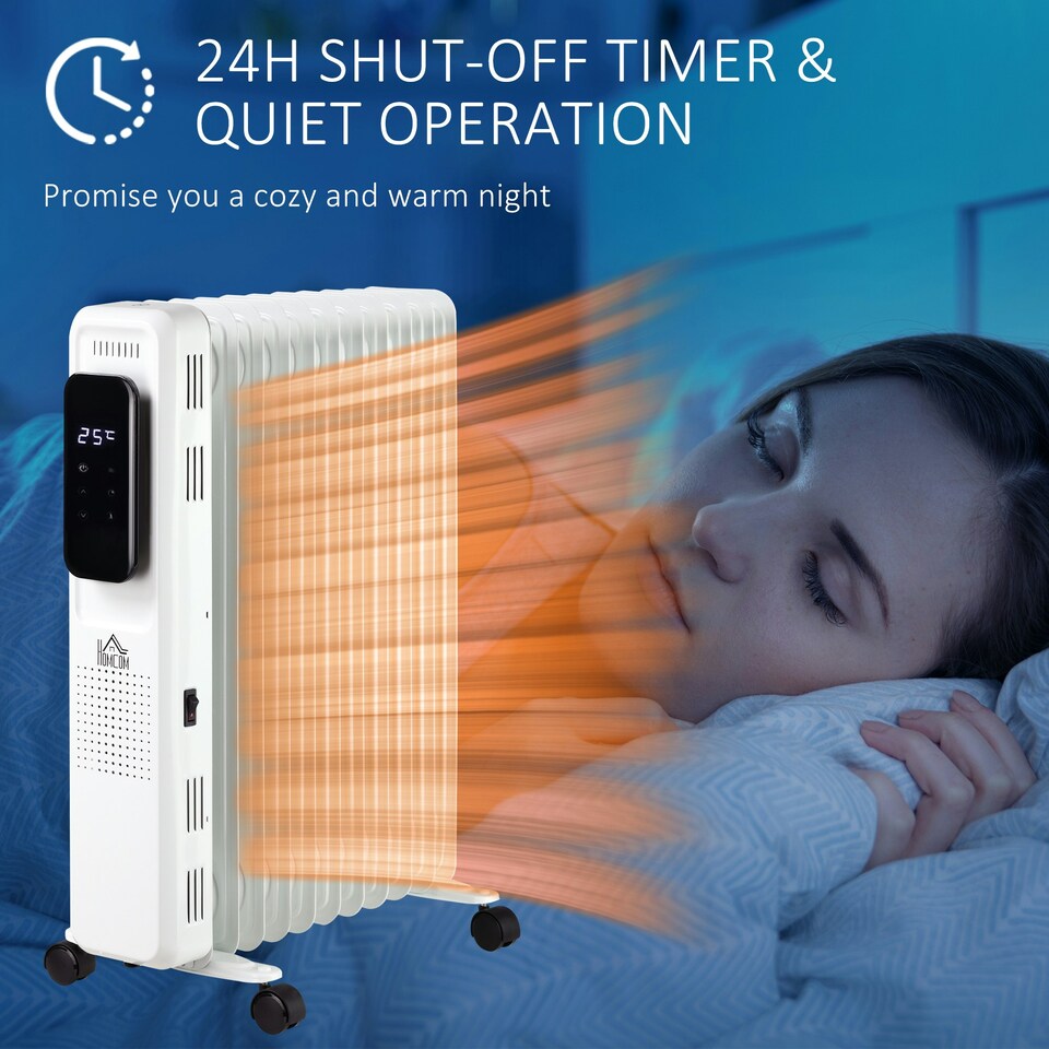 image 1 of HOMCOM 2500W Oil Filled Radiator Heater w/ 3 Heat Settings Remote Control White