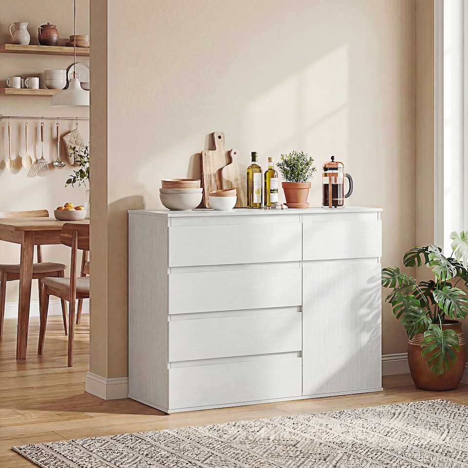 image 1 of HOMCOM Sideboard Storage Cabinet, Kitchen Cupboard with 5 Drawers | White | White embossed