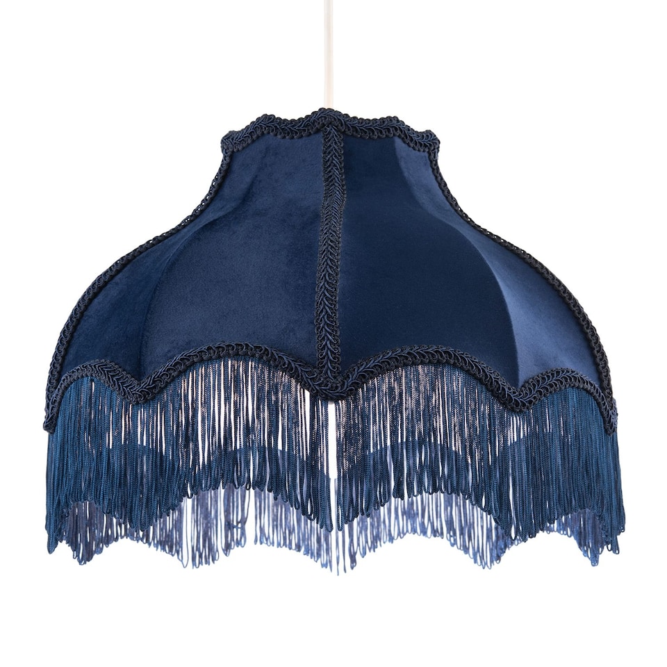 image 1 of Classic Victorian Lamp Shade in Midnight Blue Velvet with Navy Trims | Blue | 14"