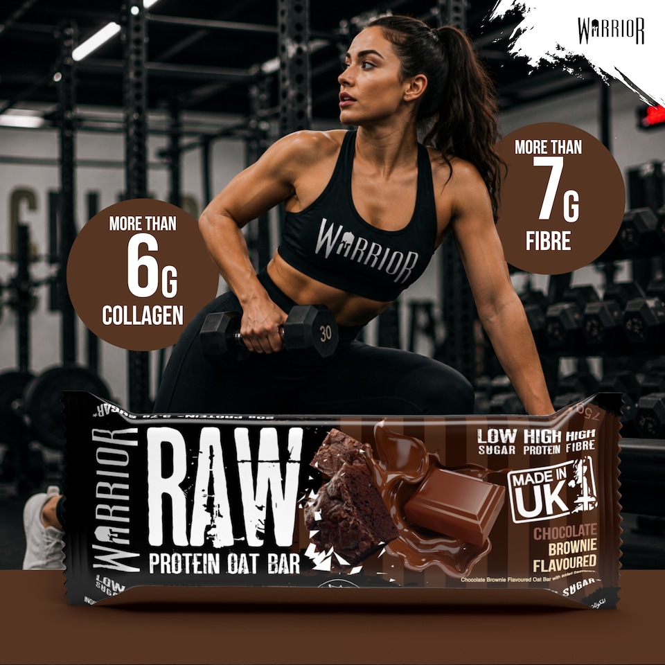 image 1 of Warrior RAW Protein Bars 12 x 75g – 20g High Protein Bar, Low Sugar High Fibre Oat Protein Flapjack – Protein Snacks, Meal Replacement Bars (Chocolate Brownie)
