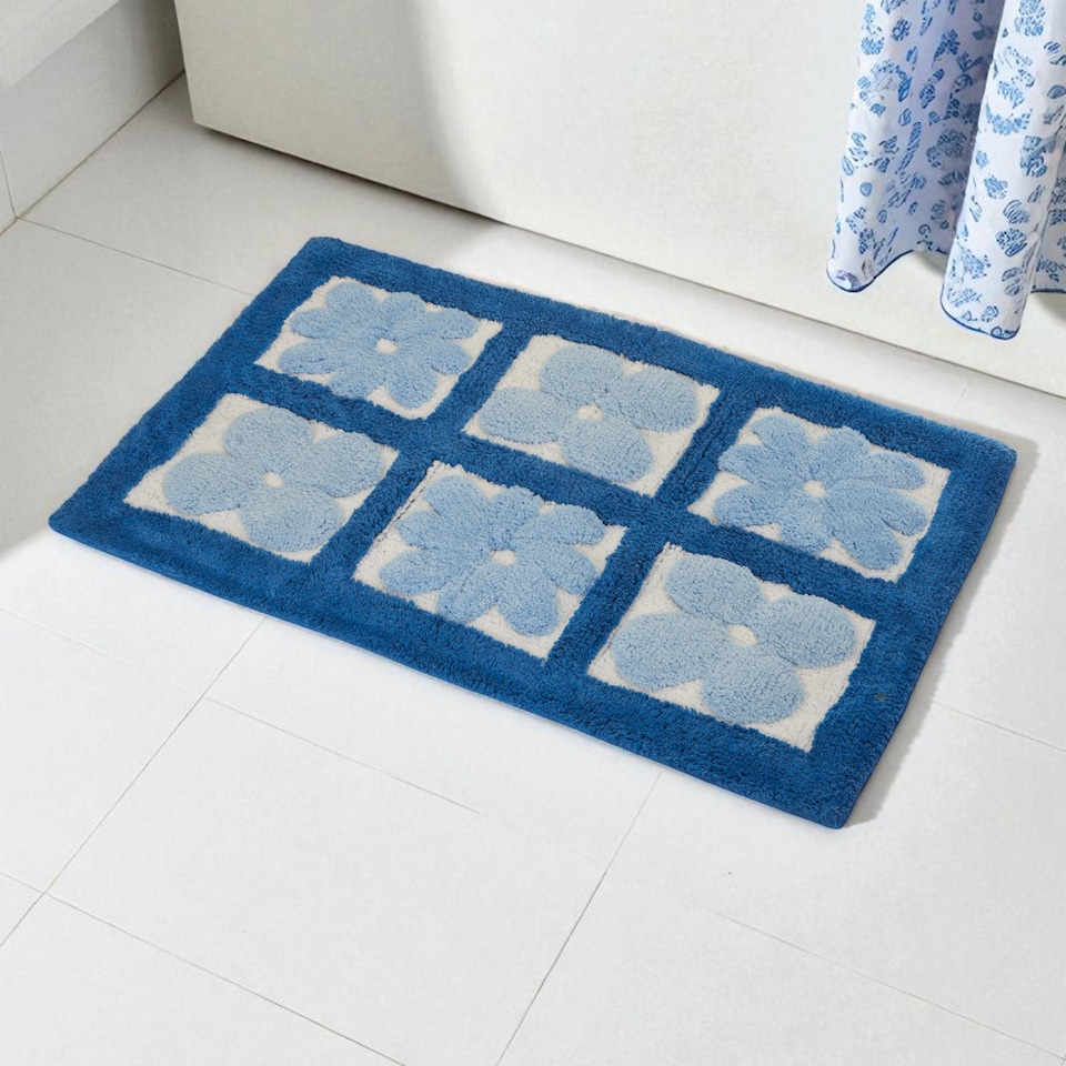 image 1 of Showerdrape Fiore 100% Cotton Blue Floral Anti-Slip Bath Mat 800 x 500mm | Blue