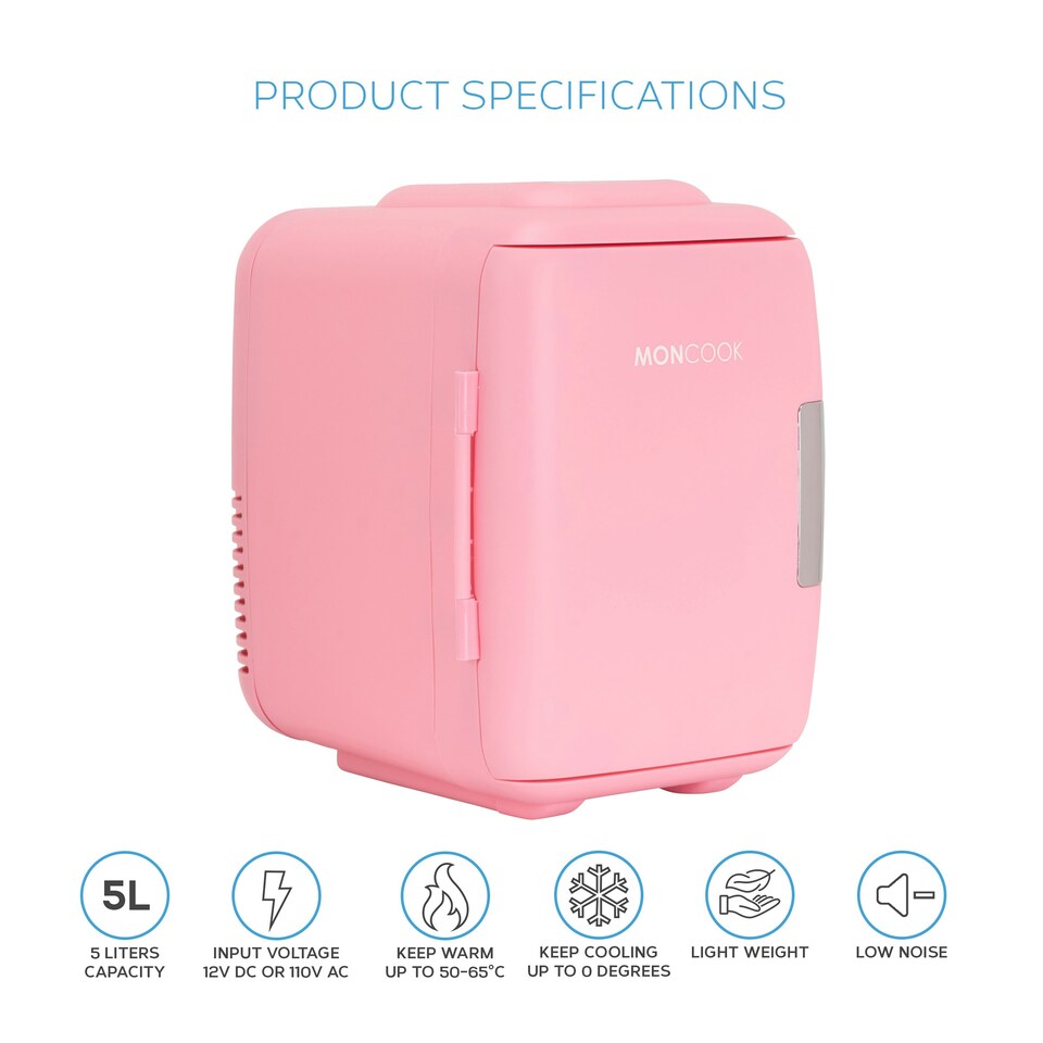 image 1 of MONCOOK Mini Fridge For Bedrooms - Small, Portable & Quiet Mini Fridges For Skincare, Medicine, Food & Drinks - Cooling & Warming Function - 5L - Pink Mono