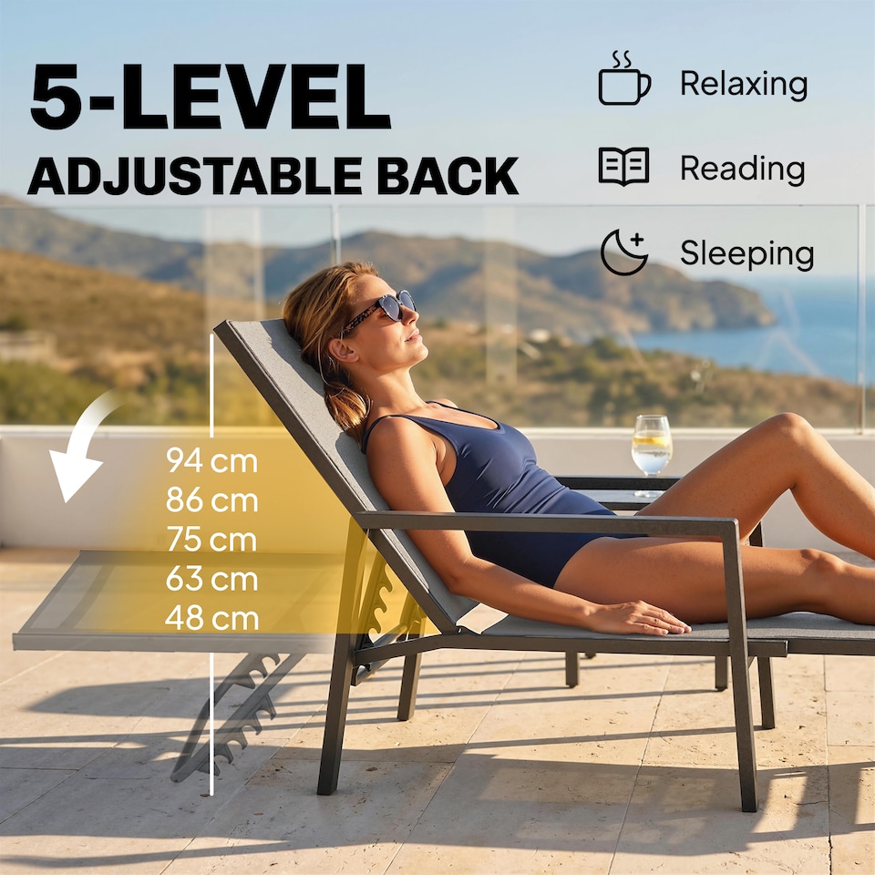 image 1 of Outsunny Sun Loungers Set of 2 w/ Retractable Footrest 5-Position Adjustable | Grey | One Size