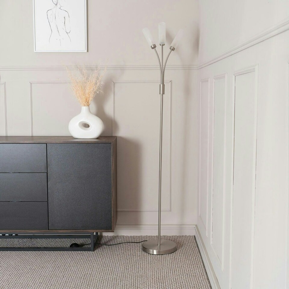 image 1 of ValueLights Maya Brushed Chrome 3 Way Curved Arm Reed Shaded Upright Floor Lamp