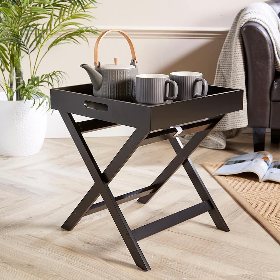 image 1 of Folding Butlers Side Table Portable Wooden Food Serving Tray | Black