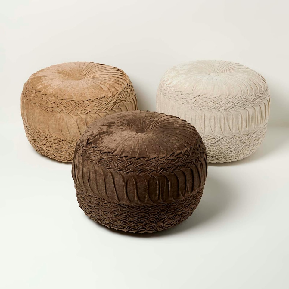 image 1 of Homescapes Sofia Pleated Velvet Chocolate Brown Pouffe