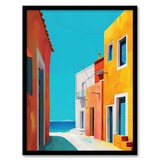 Bright Colourful Mediterranean Italian Beach Houses Black Framed Wall Art Print A4