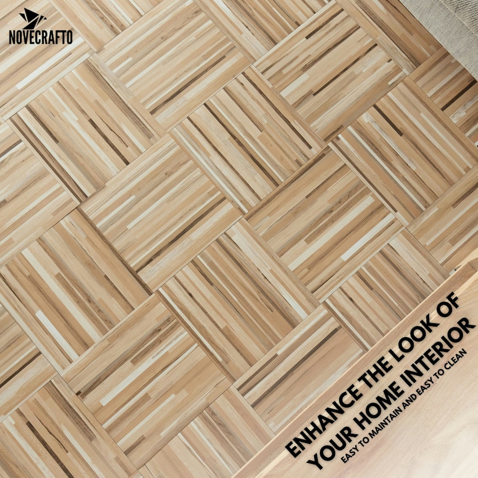 image 1 of NOVECRAFTO Vinyl Floor Tiles Self Adhesive – 12x12in Peel and Stick Flooring for Kitchen, Bathroom & Living Room – Beige Brown Wooden Stripes Design Brown | 5.57sqm