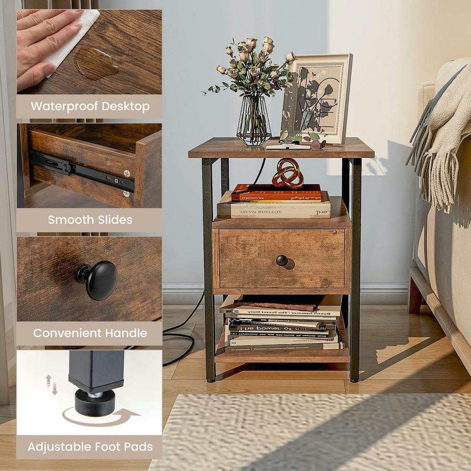 image 1 of COSTWAY 3-Tier Nightstand w/ Charging Station | Brown