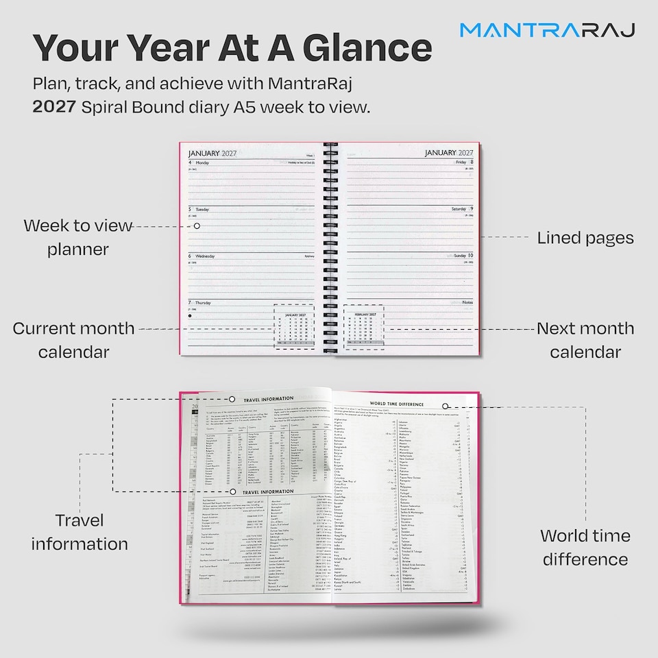 image 1 of 2027 Diary A5 Size Wiro Week to View Bright Diary Spiral Week To View Hardcover Diaries Planner Organizer (Pink)
