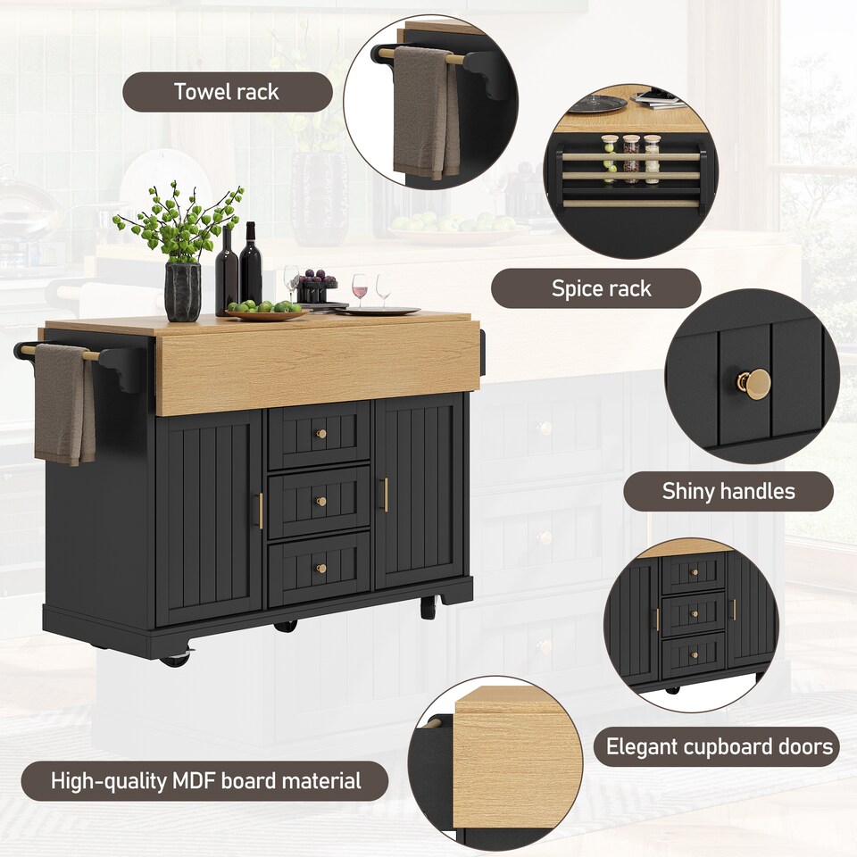 image 1 of VILUXE Kitchen island, cabinet, sideboard 120 x 40 (80) x 95 cm, extendable kitchen trolley with casters, extendable on both sides, with towel rail and spice rack, two doors, three drawers, black/white