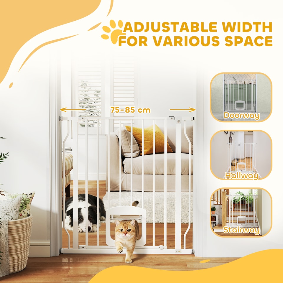 image 1 of PawHut Adjustable Pet Gate with Cat Door for Doorway 75-85 cm, White