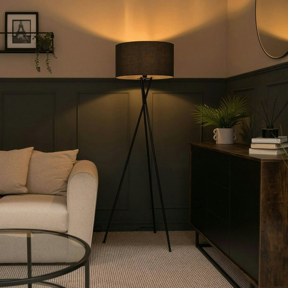 image 1 of ValueLights Camden Black Tripod Floor Lamp Charcoal Shade & Bulb Grey
